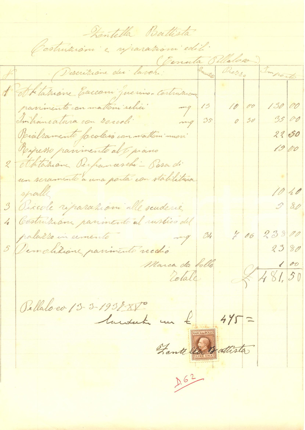 Documento originale, autentico 1937 ROVERBELLA MN Tenuta di PELLALOCO Lavori falegname Battista ZONTELLA 1