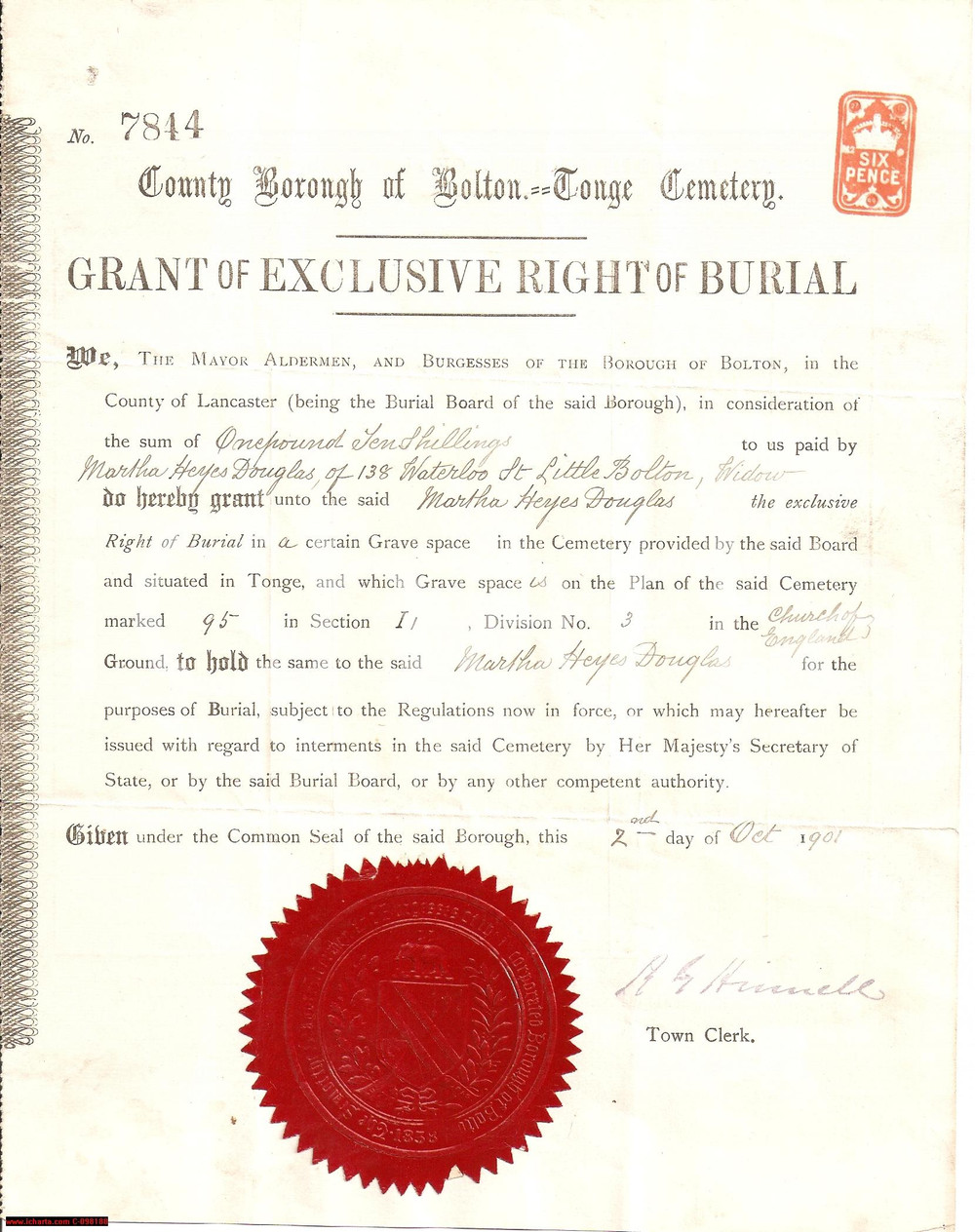 Documento originale, autentico 1901 BOLTON UK Sepoltura Heyes Douglas SIGILLO 1