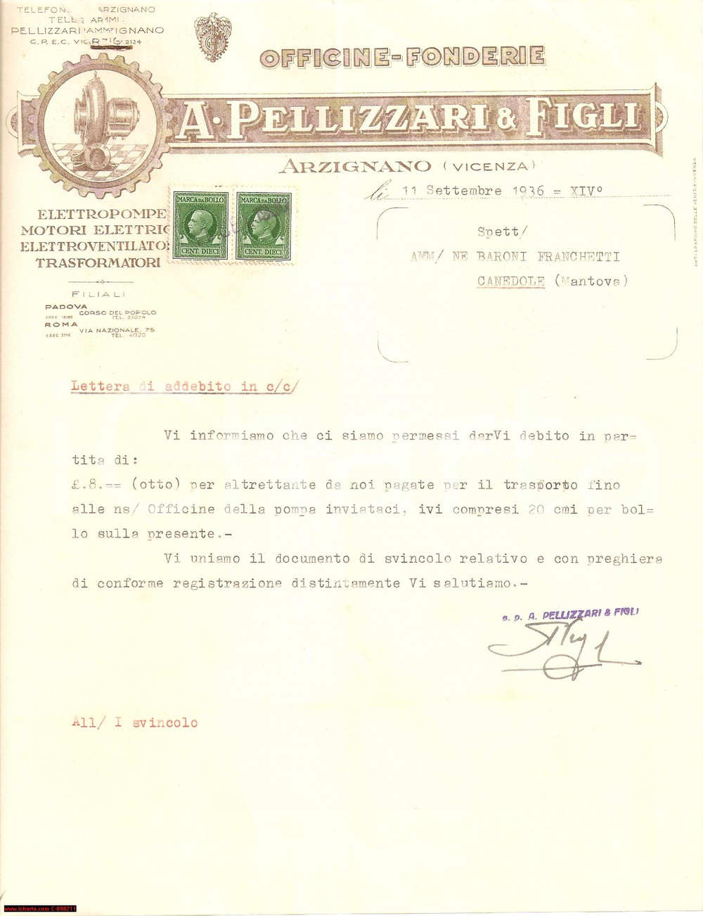 Manoscritto, lettera originale 1936 ARZIGNANOVC PELLIZZARI & FIGLIO Officine e fonderie Lettera 1