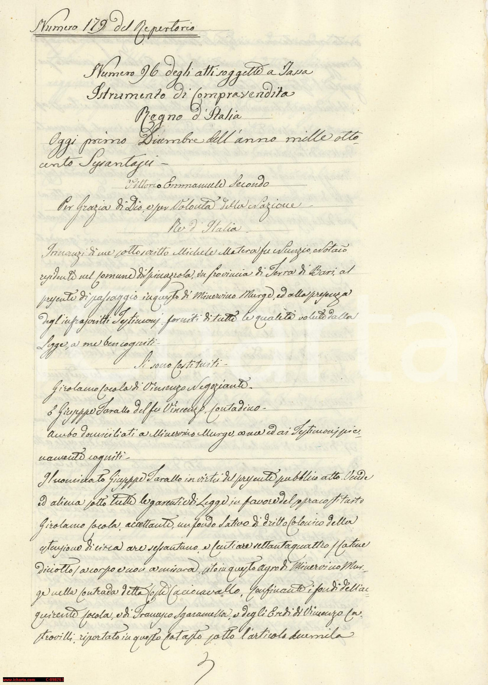 Documento originale, autentico 1866 MINERVINO MURGE BT Vendita terreno Girolamo COCOLA 1