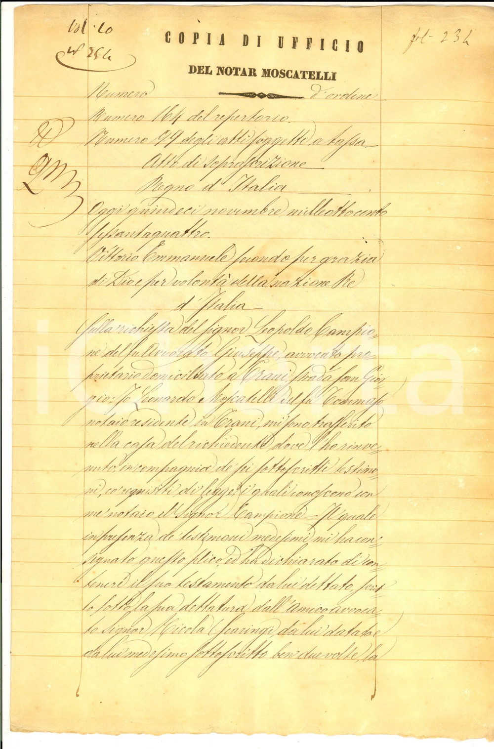 Documento originale, autentico 1864 TRANI Atto di soprascrizione testamento di Leonardo CAMPIONE Manoscritto 1