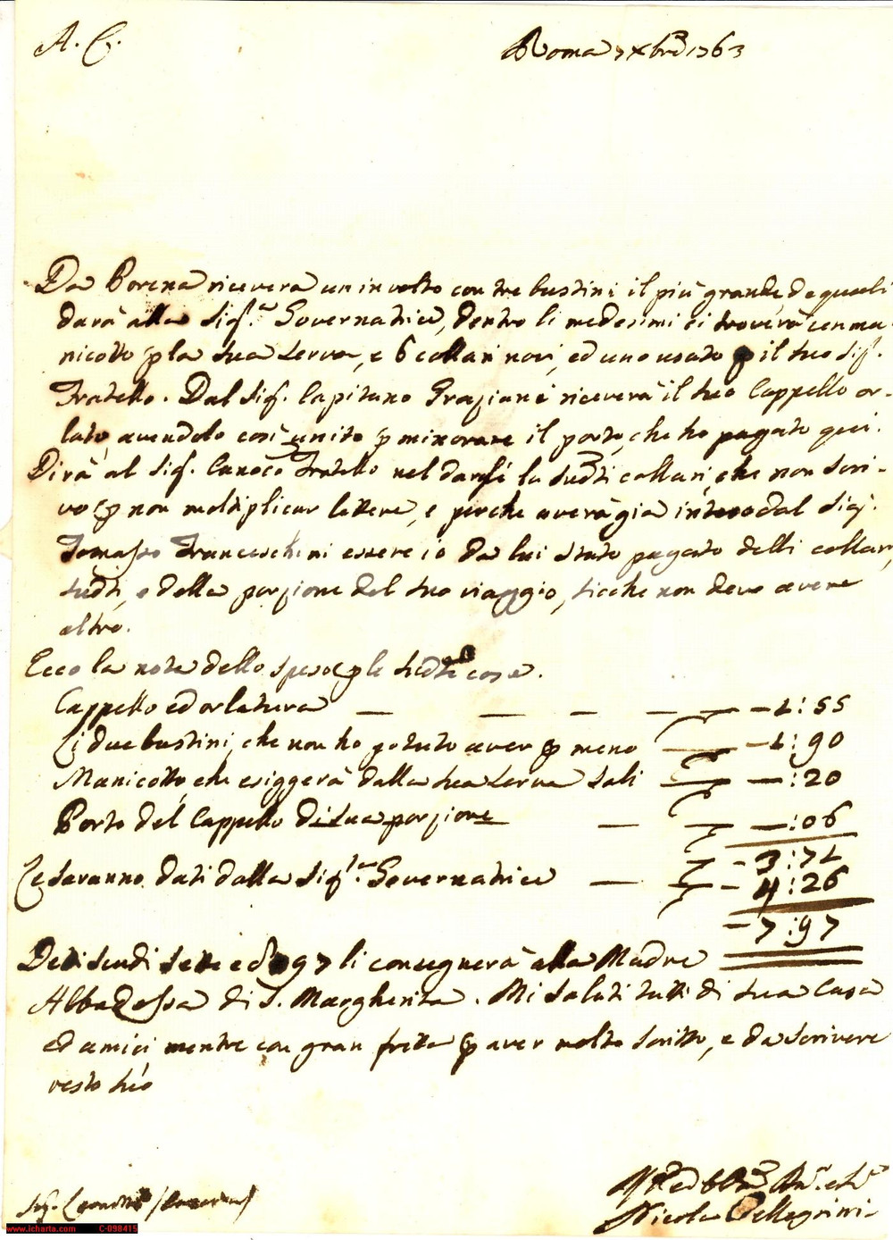 Manoscritto, lettera originale 1783 ROMA Nicola PELLEGRINI invia vestiario bustini cappello e manicotto Lettera 1