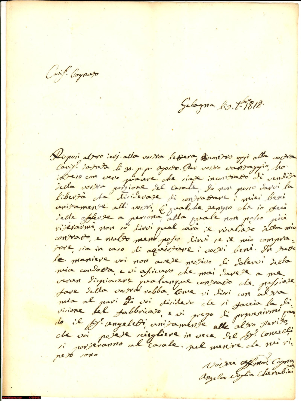 Manoscritto, lettera originale 1818 GELAGNA MC Angela VOGLIA non cede i propri diritti 1