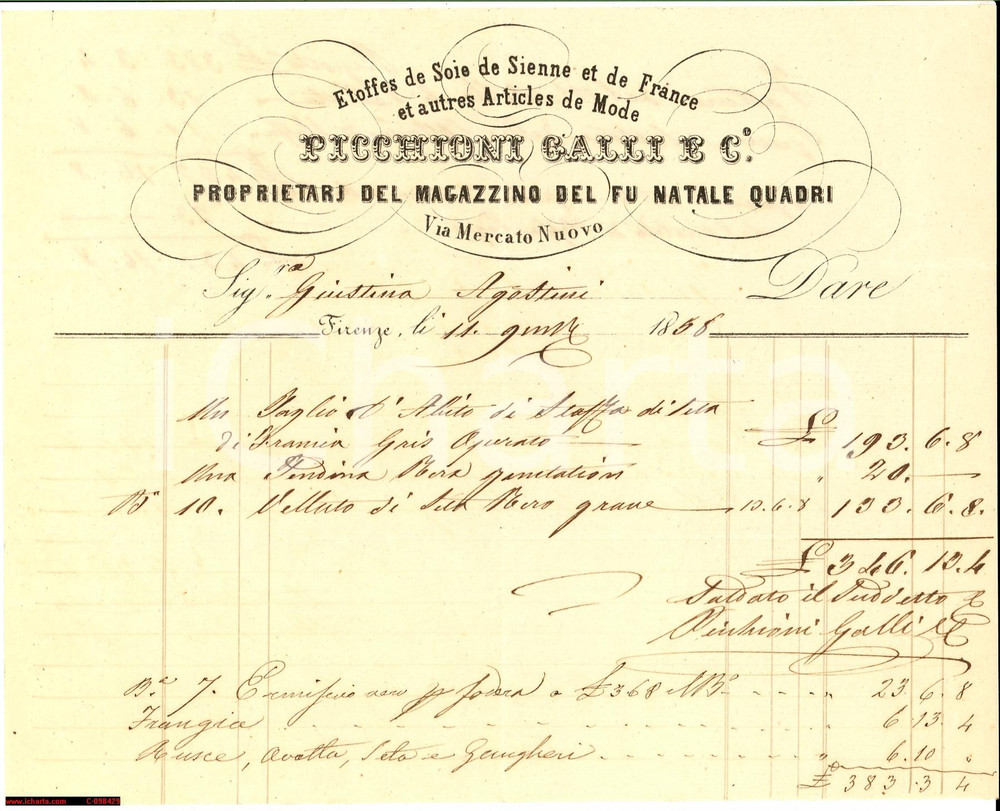 Documento originale, autentico 1858 FIRENZE Sete di Siena e Francia PICCHIONI GALLI  Fattura 1