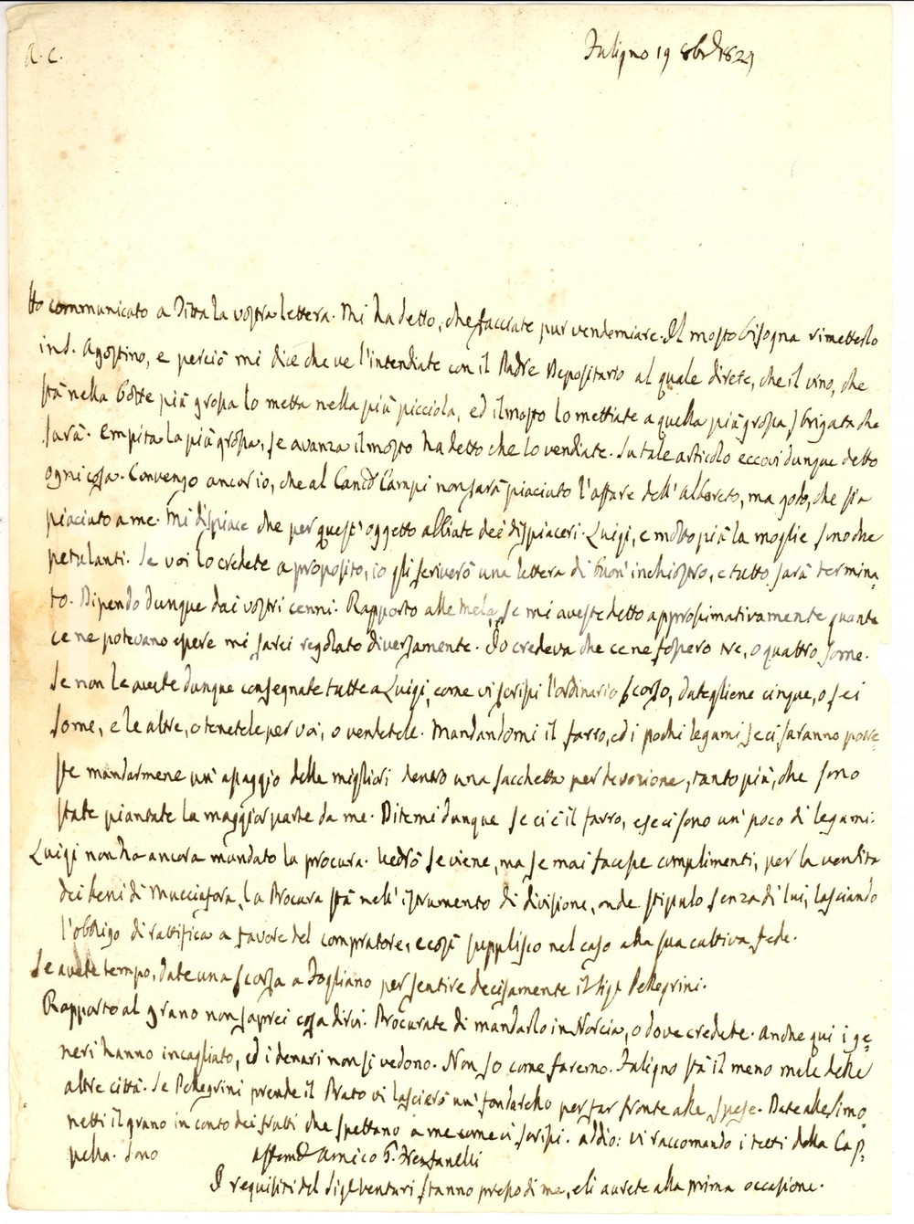 Manoscritto, lettera originale 1820 FOLIGNO PG FRENFANELLI mosto e vino LEONETTI 1