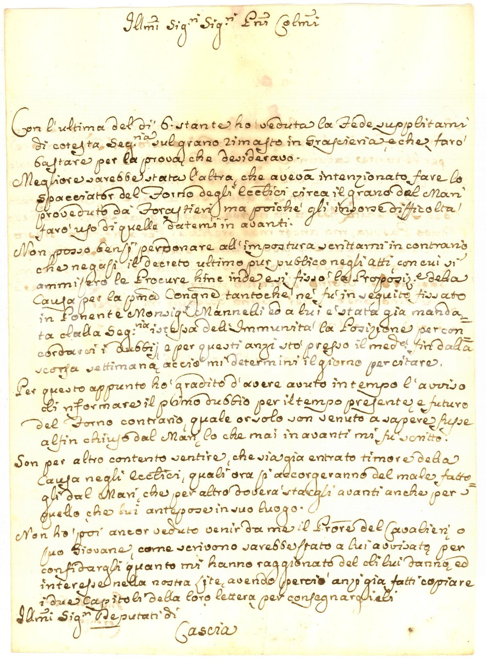 Manoscritto, lettera originale 1782 CASCIA Lite forno abusivo per gli ecclesiastici 1