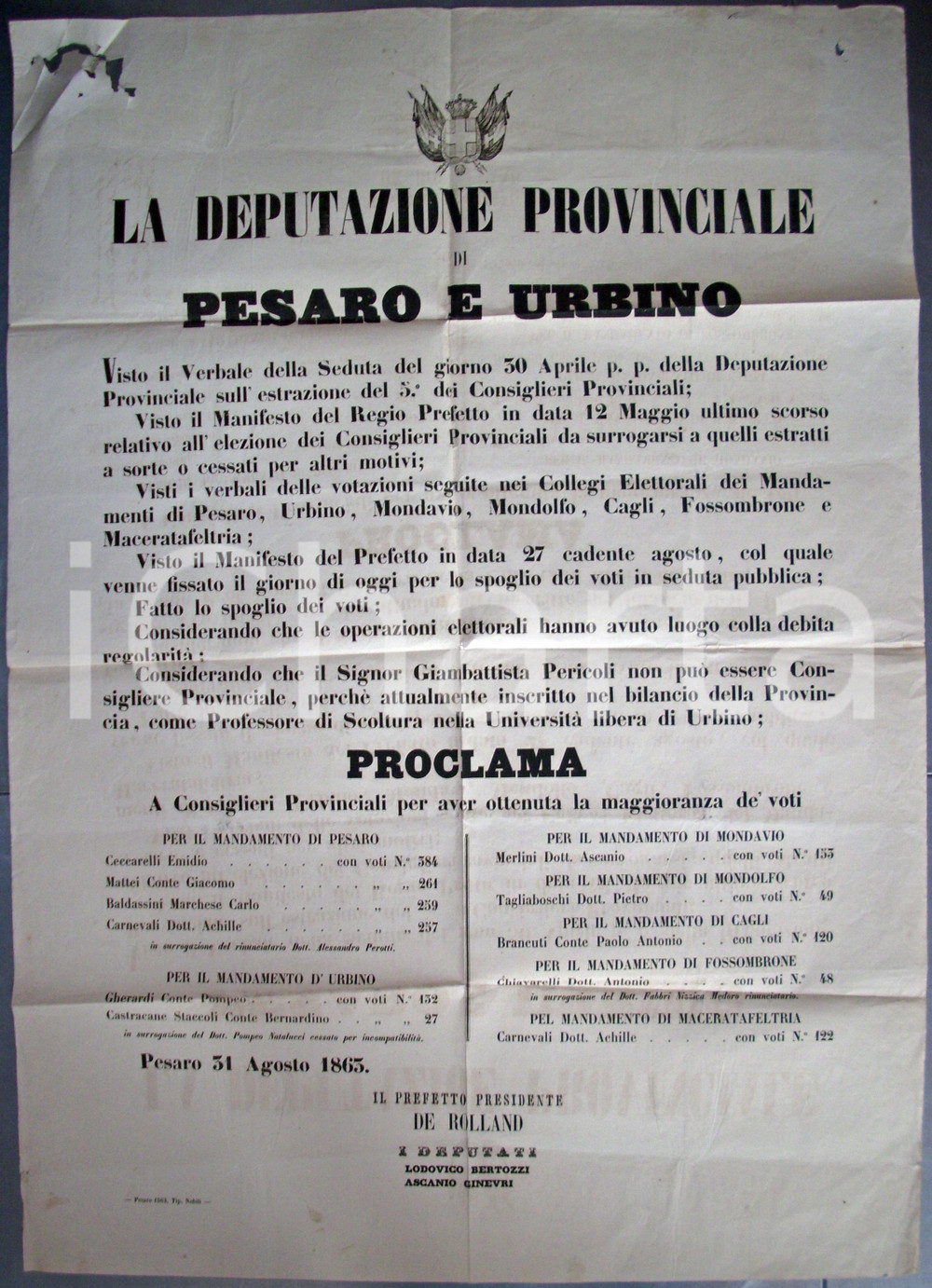 Documento originale, autentico 1863 PESARO Nuovi consiglieri DEPUTAZIONE PROVINCIALE 1