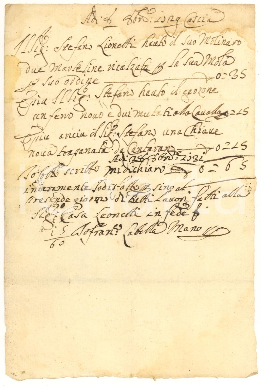 Documento originale, autentico 1729 CASCIA PG Ricevuta di Francesco LABELLA per ferri da mola Manoscritto 1