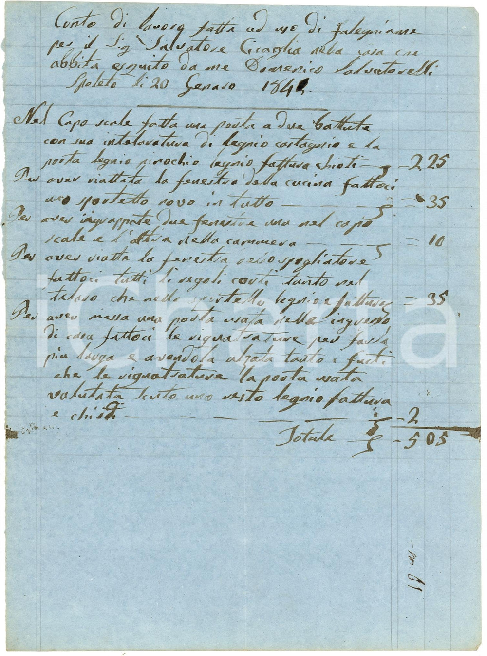Documento originale, autentico 1844 SPOLETO PG Conto falegname Domenico SALVATORELLI per Salvatore CICAGLIA 1