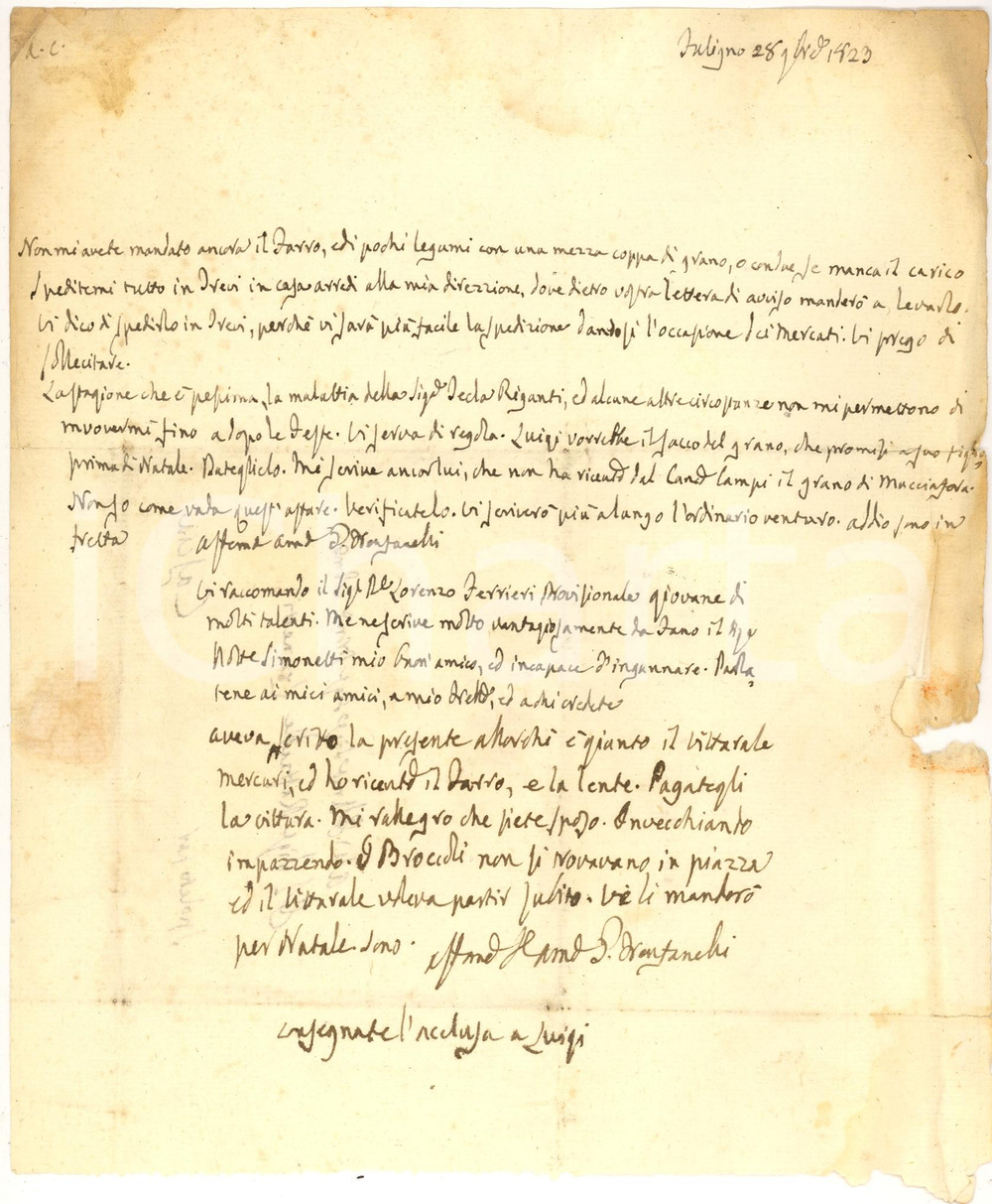 Manoscritto, lettera originale 1823 FOLIGNO Giacomo FRENFANELLI rimprovera il mancato invio del farro Lettera 1