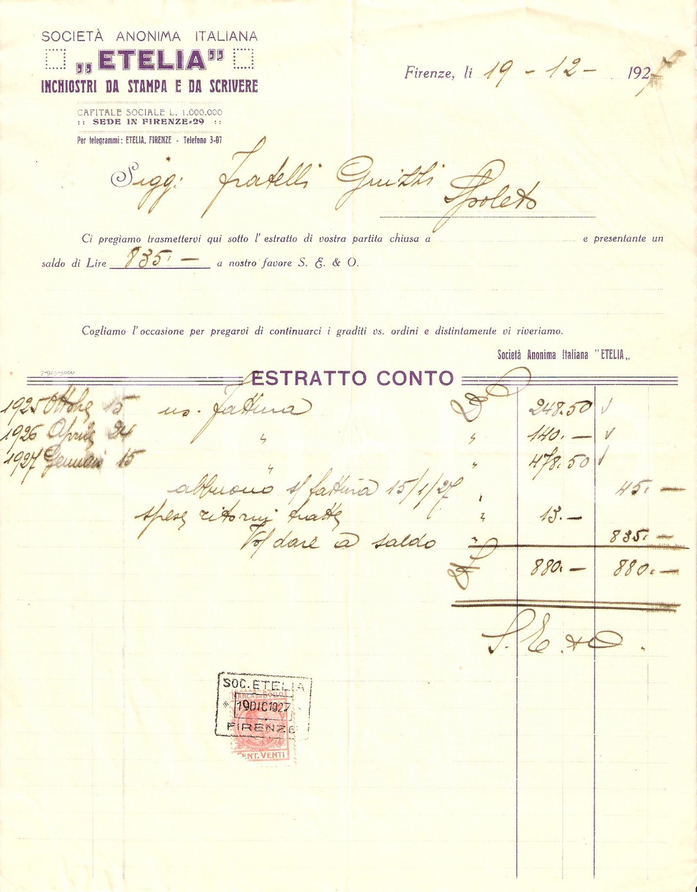 Documento originale, autentico 1927 FIRENZE SocietÃ  anonima italiana ETELIA Inchiostri da stampa Fattura 1