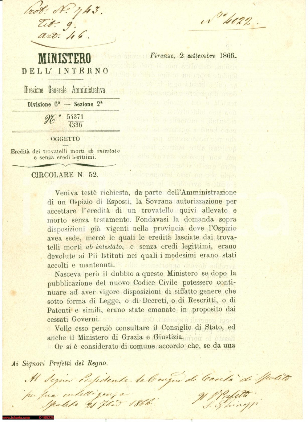 Documento originale, autentico 1866 FIRENZE EreditÃ  dei trovatelli morti senza eredi 1