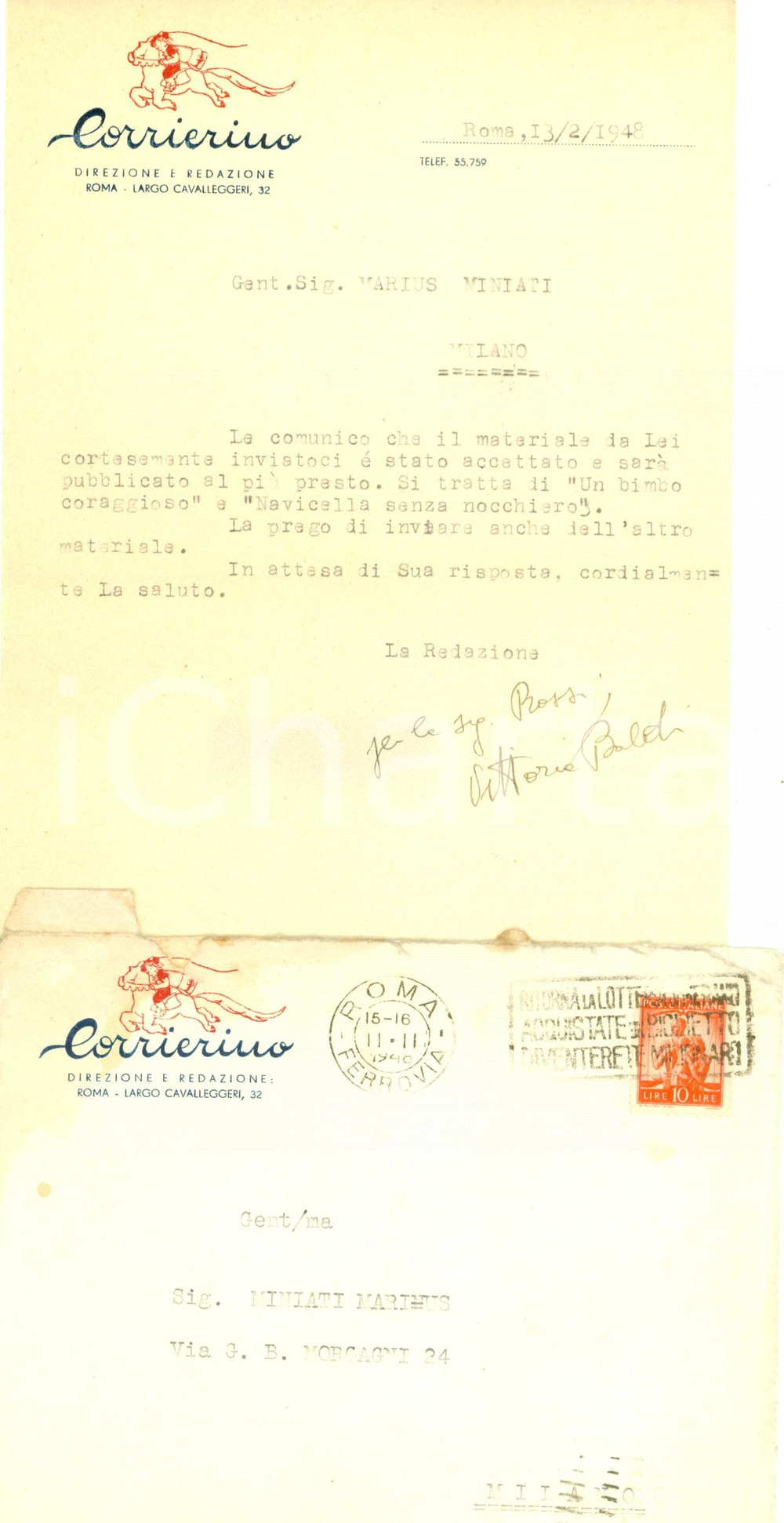 Autografo originale 1948 MILANO CORRIERINO Vittoria BALDI accetta novelle Marius MINIATI Autografo 1