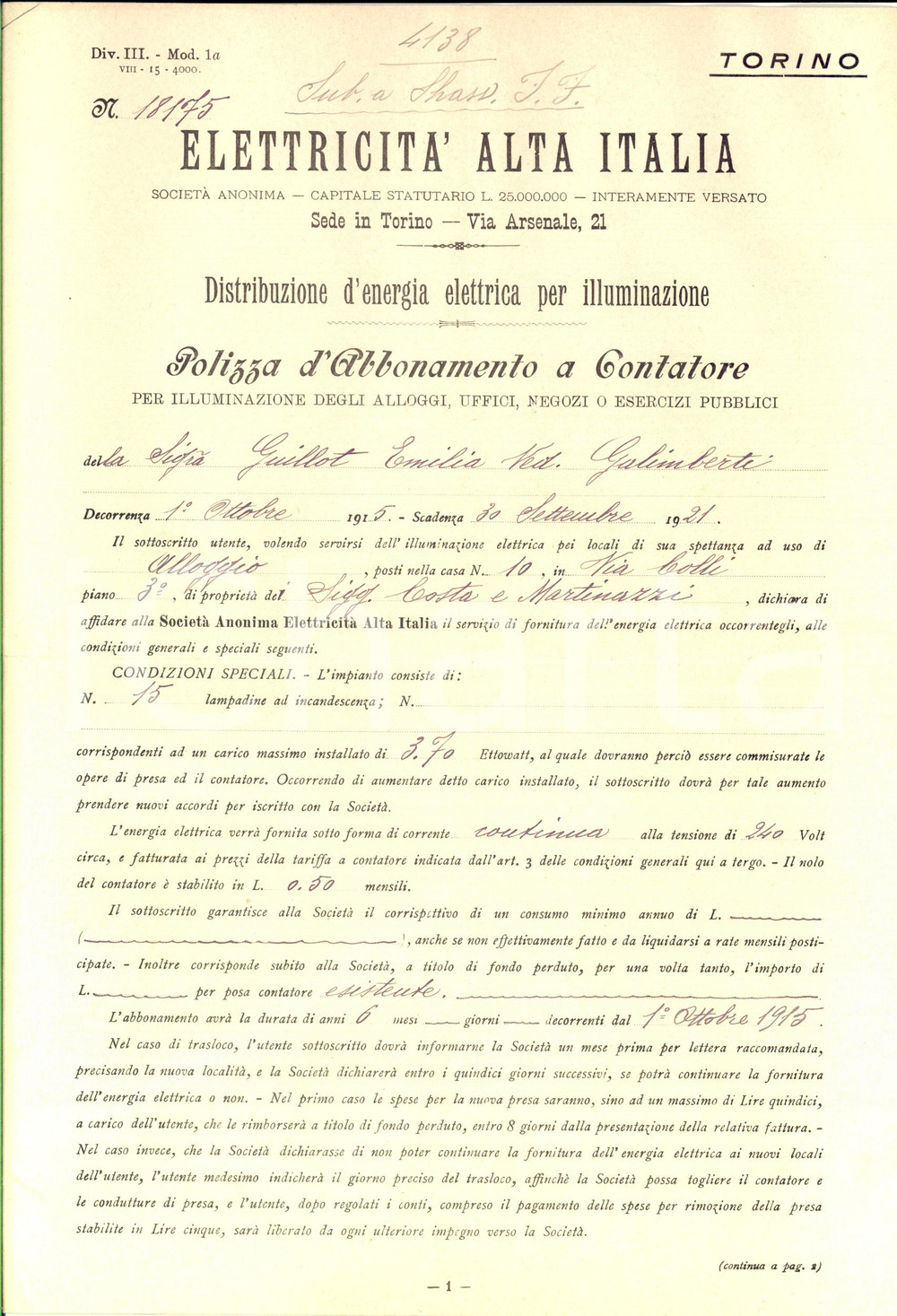 Documento originale, autentico 1915 TORINO Contratto ELETTRICITA  ALTA ITALIA per Emilia GUILLOT GALIMBERTI 1