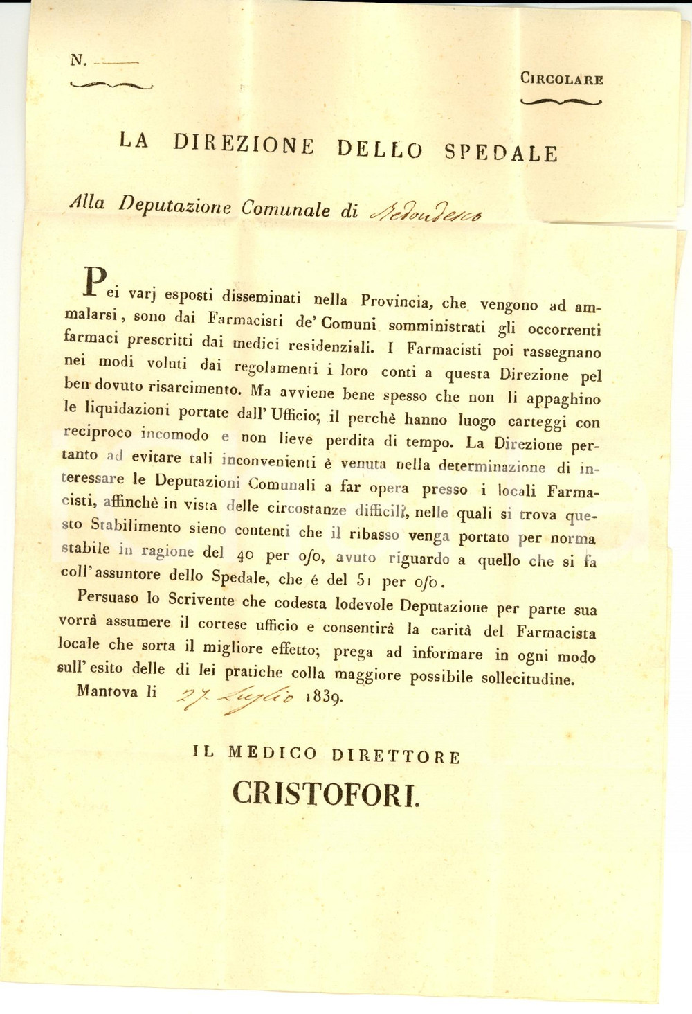 Manoscritto, lettera originale 1839 REDONDESCO MN Farmacisti in perdita per medicine agli esposti 1