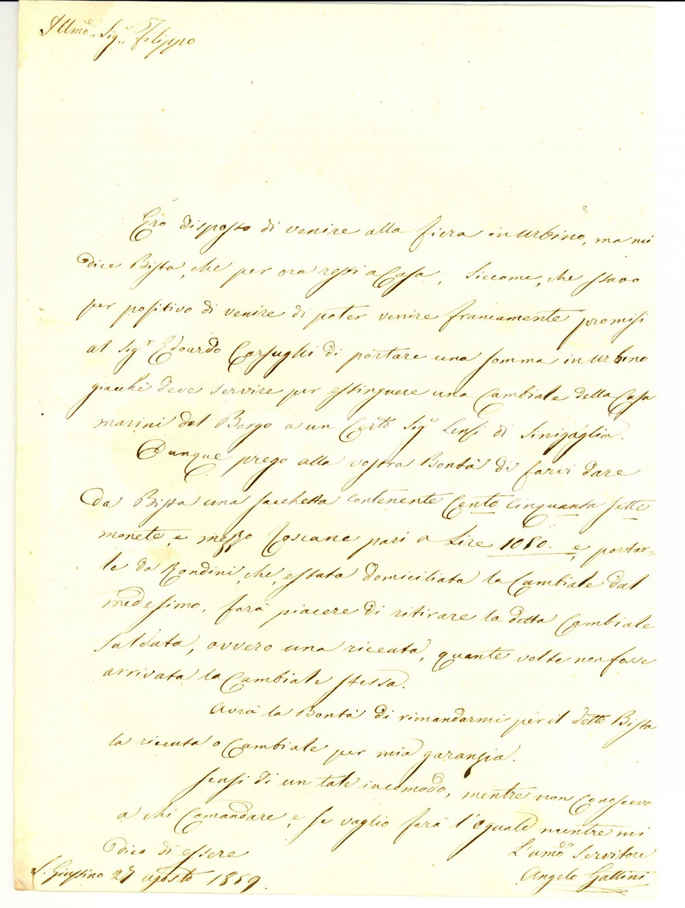 Manoscritto, lettera originale 1859 SAN GIUSTINO PG Angelo GATTINI chiede saldo a Filippo RUFFINI GANGANELLI 1
