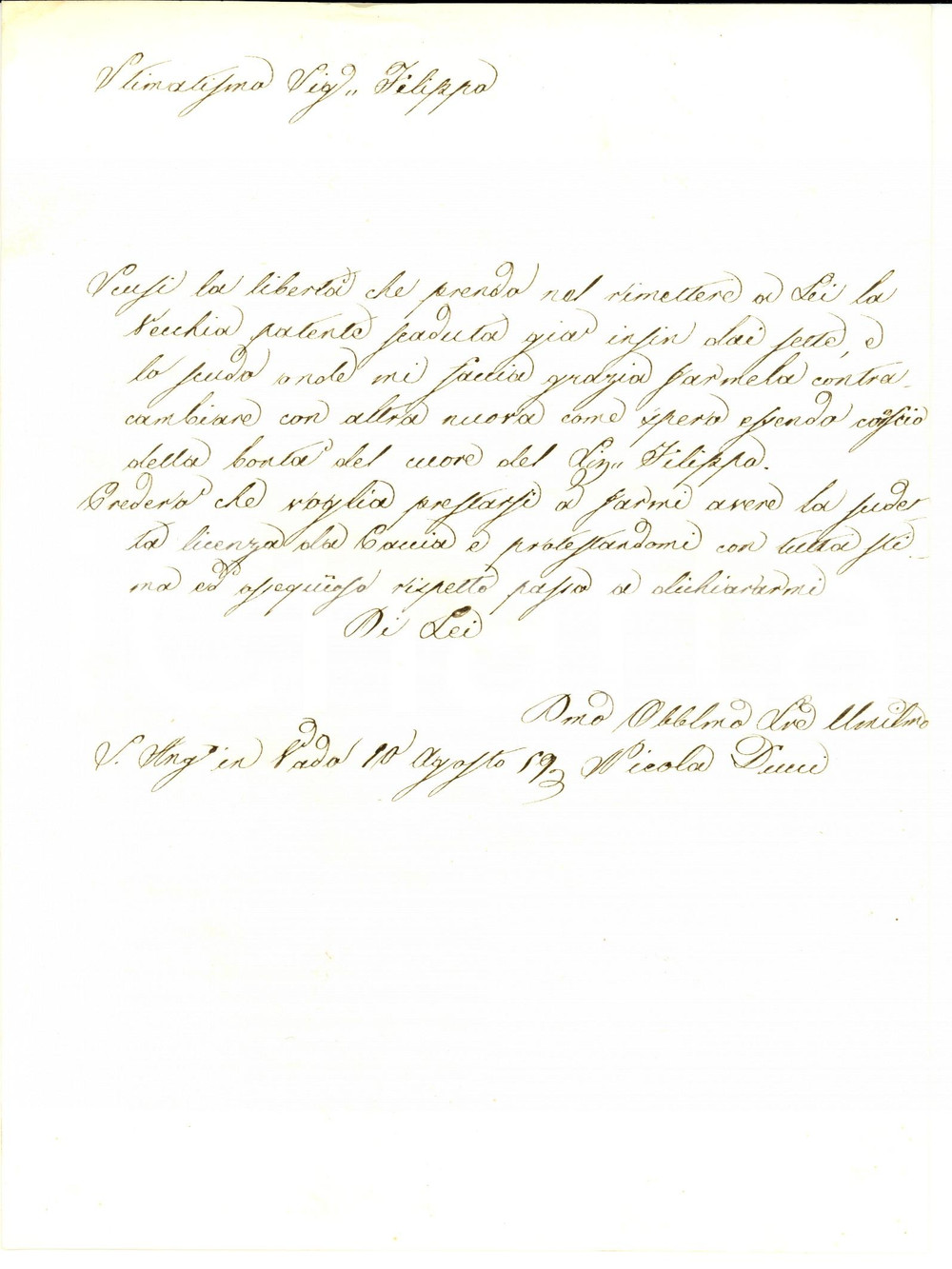 Manoscritto, lettera originale 1859 SANT ANGELO IN VADO PU Nicola DUCCI chiede nuova licenza di caccia 1
