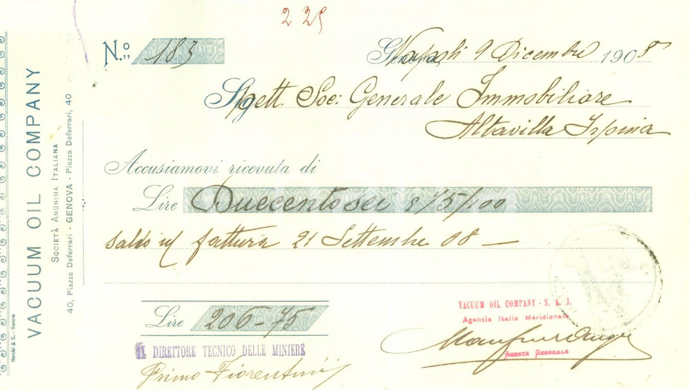 Documento originale, autentico 1908 GENOVA Ricevuta di pagamento VACUUM OIL COMPANY Documento 1
