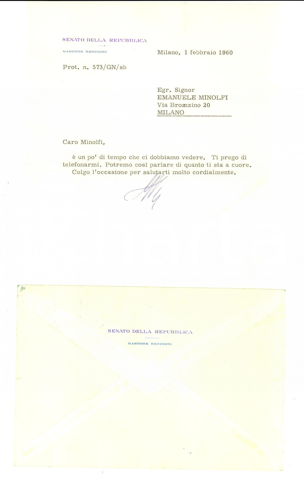 Autografo originale 1960 MILANO Senatore Gastone NENCIONI a Emanuele MINOLFI AUTOGRAFO 1