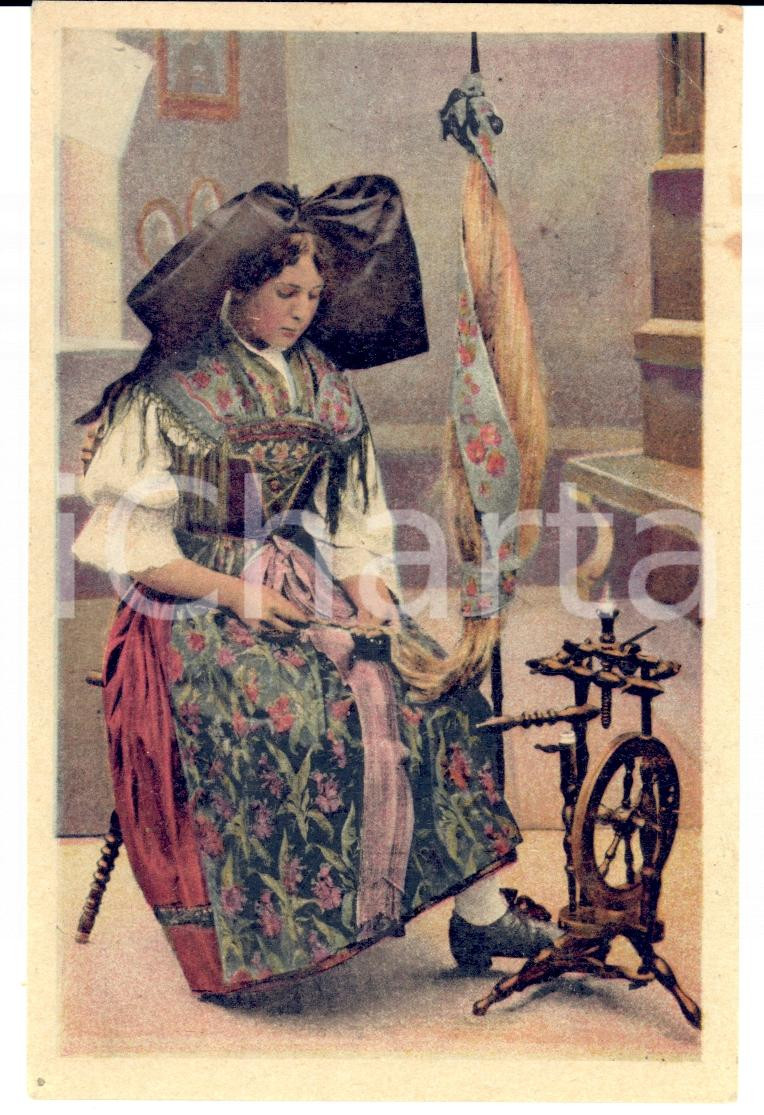 Cartolina originale da collezione 1915 ca COSTUMES ALSACE France Femme au rouet FP NV 1