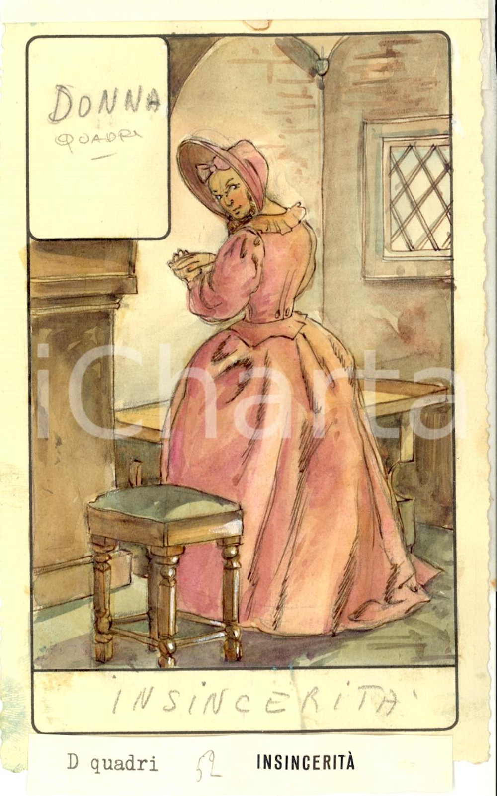 Stampa, bozzetto originale 1946 TAROCCHI Carta divinatoria originale olio su carta ENRICO SACCHI D quadri 1