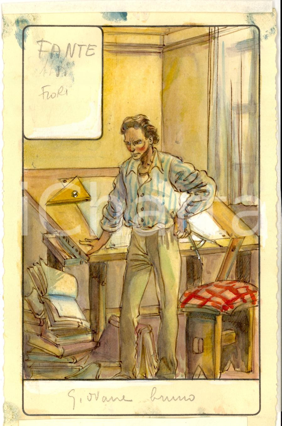 Stampa, bozzetto originale 1946 TAROCCHI Carta divinatoria originale olio su carta ENRICO SACCHI J fiori 1