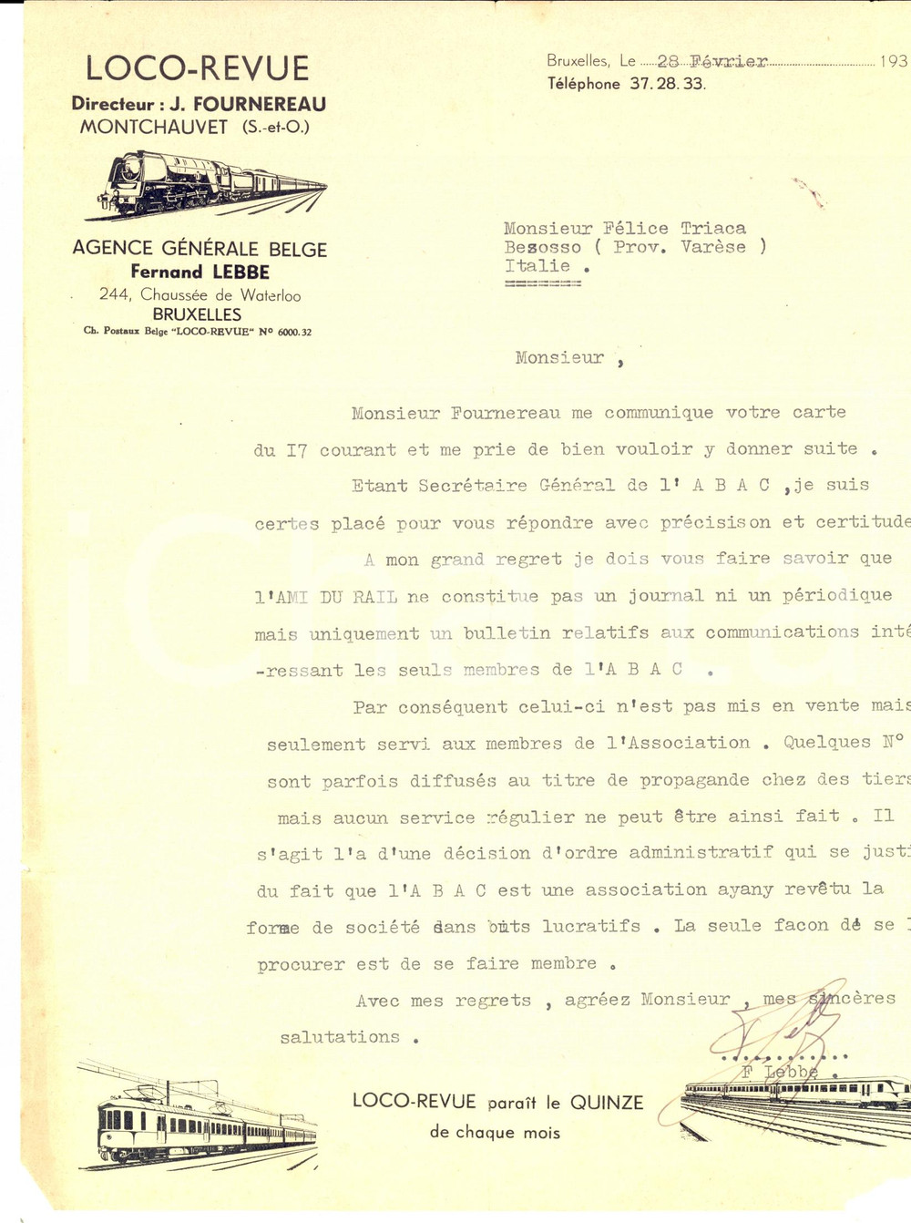Autografo originale 1938 BRUXELLES Modellismo treni LOCOREVUE Autografo Fernand LEBBE 1