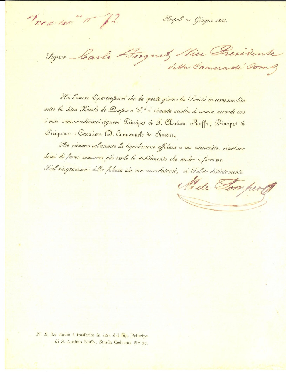 Manoscritto, lettera originale 1831 Regno DUE SICILIE NAPOLI Scioglimento ditta Nicola DE POMPEO AUTOGRAFO 1