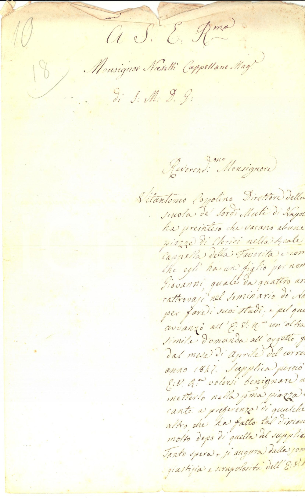 Manoscritto, lettera originale 1847 NAPOLI Don Giovanni COZZOLINO raccomandato Reale Cappella della FAVORITA 1