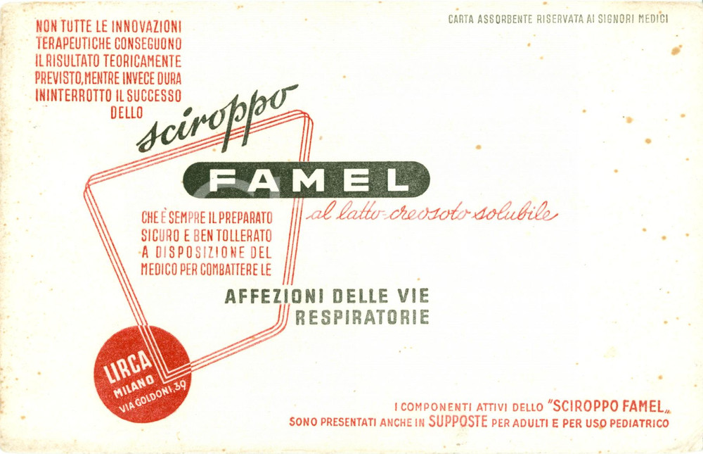 Materiale pubblicitario d’epoca 1950 MILANO Farmaceutica LIRCA Sciroppo FAMEL PubblicitÃ  carta assorbente 1