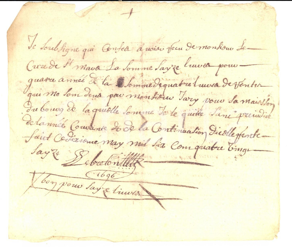 Documento originale, autentico 1696 ST MAUR AUVERGNE, France Quittance LEBRETON Ã  Monsieur JARRY pour maison 1