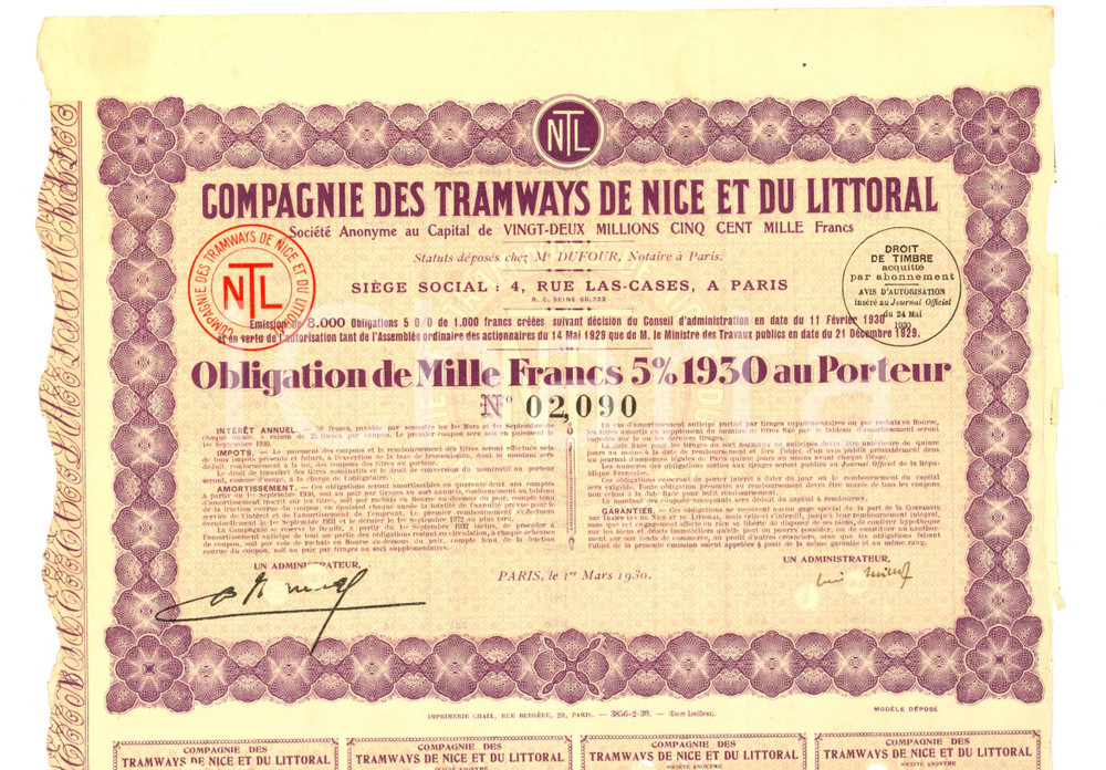 Oggetto da collezione cartaceo 1930 PARIS Azioni COMPAGNIE DES TRAMWAYS DE NICE ET DU LITTORAL 1