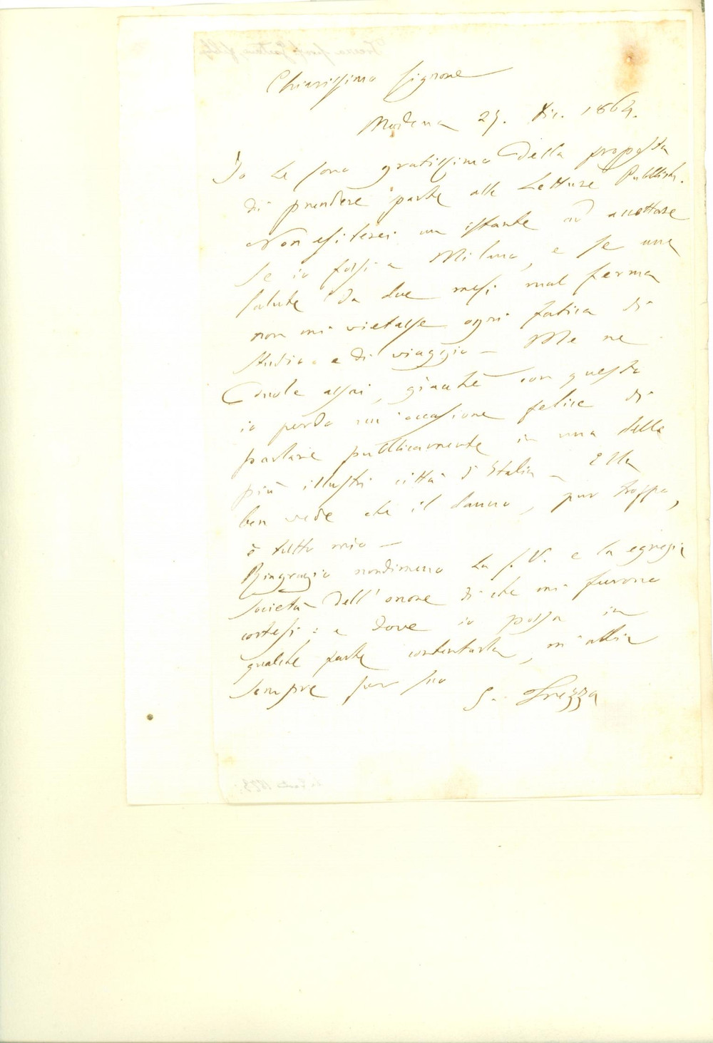 Autografo originale 1864 MODENA Filologo Gaetano TREZZA malfermo di salute Lettera AUTOGRAFA 1