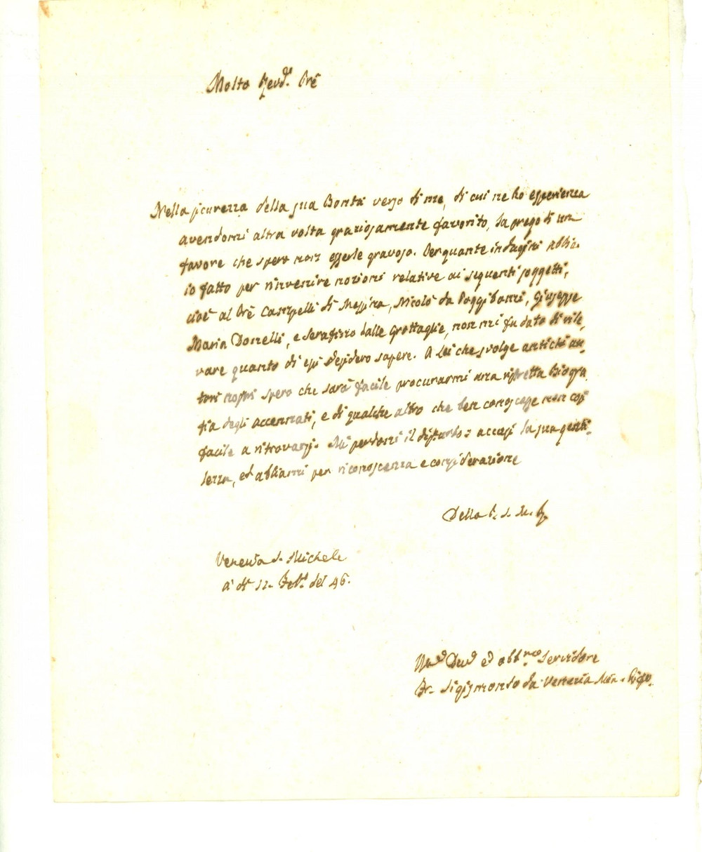 Autografo originale 1846 VENEZIA Erudito Sigismondo da Venezia chiede notizie su scrittori AUTOGRAFO 1