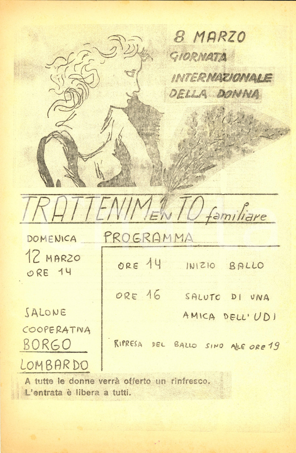 Materiale pubblicitario d’epoca 1955 ca SAN GIULIANO MILANESE Ballo U.D.I. per Giornata Donna BORGO LOMBARDO 1