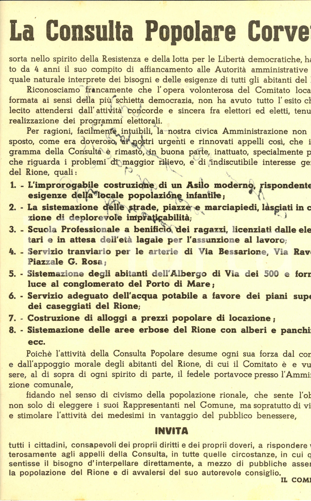 Materiale pubblicitario d’epoca 1951 MILANO ELEZIONI Consulta popolare CORVETTO programma elettorale Volantino 1