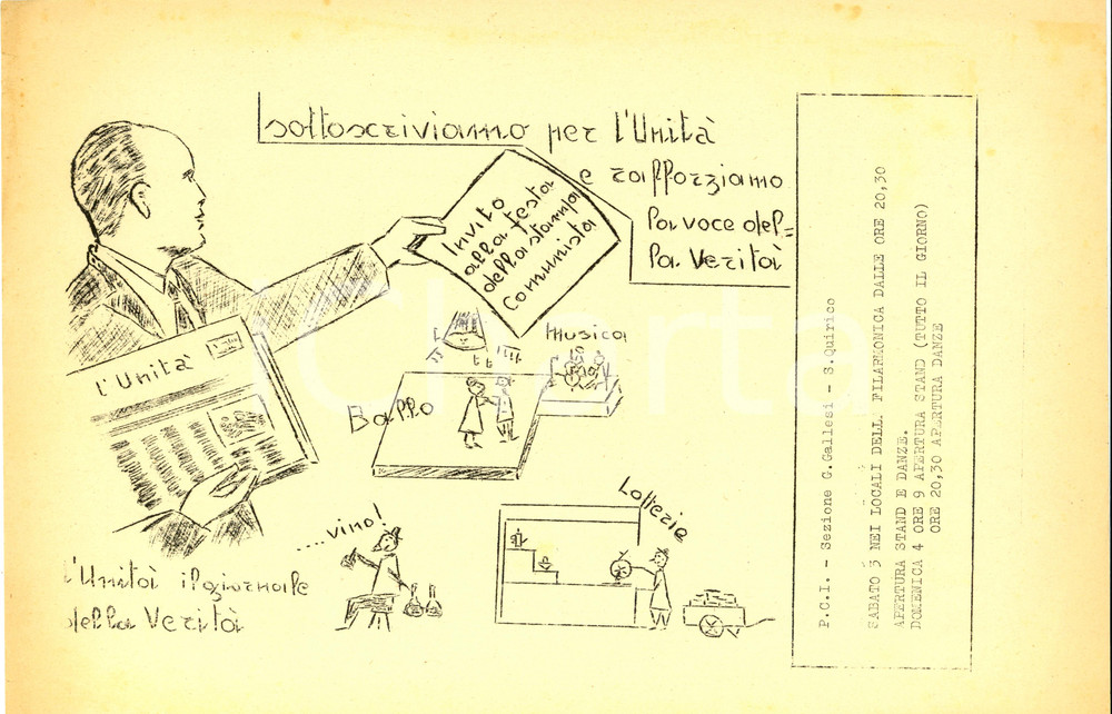 Materiale pubblicitario d’epoca 1953 GENOVA SAN QUIRICO Giornale L UNITA  organizza festa stampa comunista 1