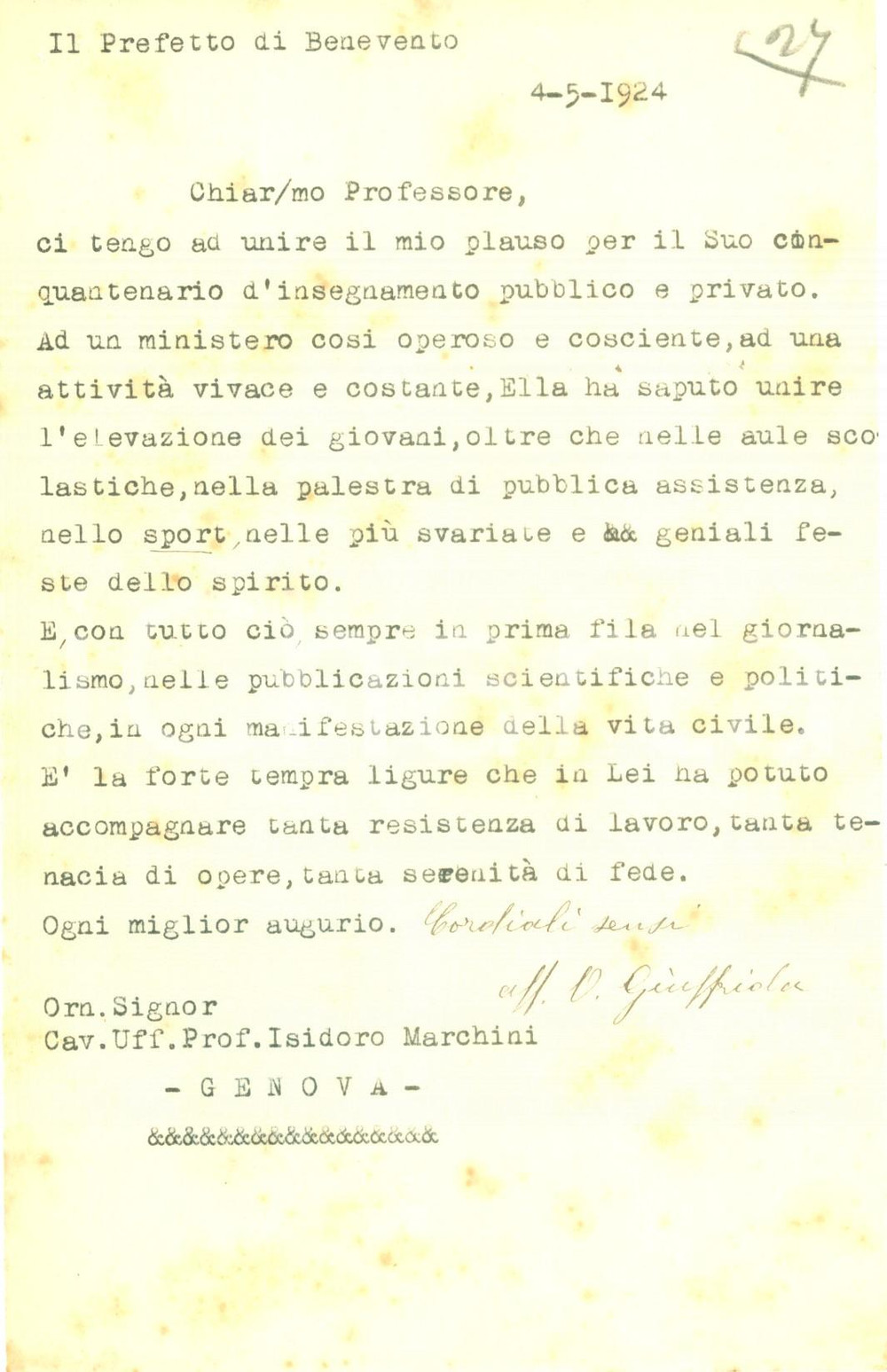 Autografo originale 1924 BENEVENTO Prefetto Orazio GIUFFRIDA elogia Isidoro MARCHINI AUTOGRAFO 1