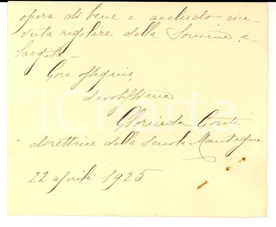 Manoscritto, lettera originale 1925 MILANO Direttrice Clorinda CONTI ringrazia per donazione a scuola MANTEGNA 1