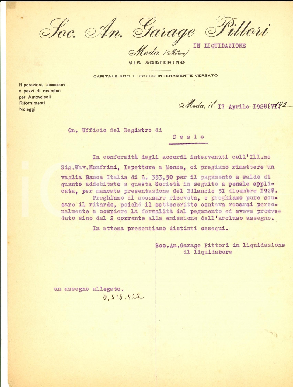 Manoscritto, lettera originale 1928 MEDA MI SocietÃ  Anonima Garage PITTORI in liquidazione Lettera 1