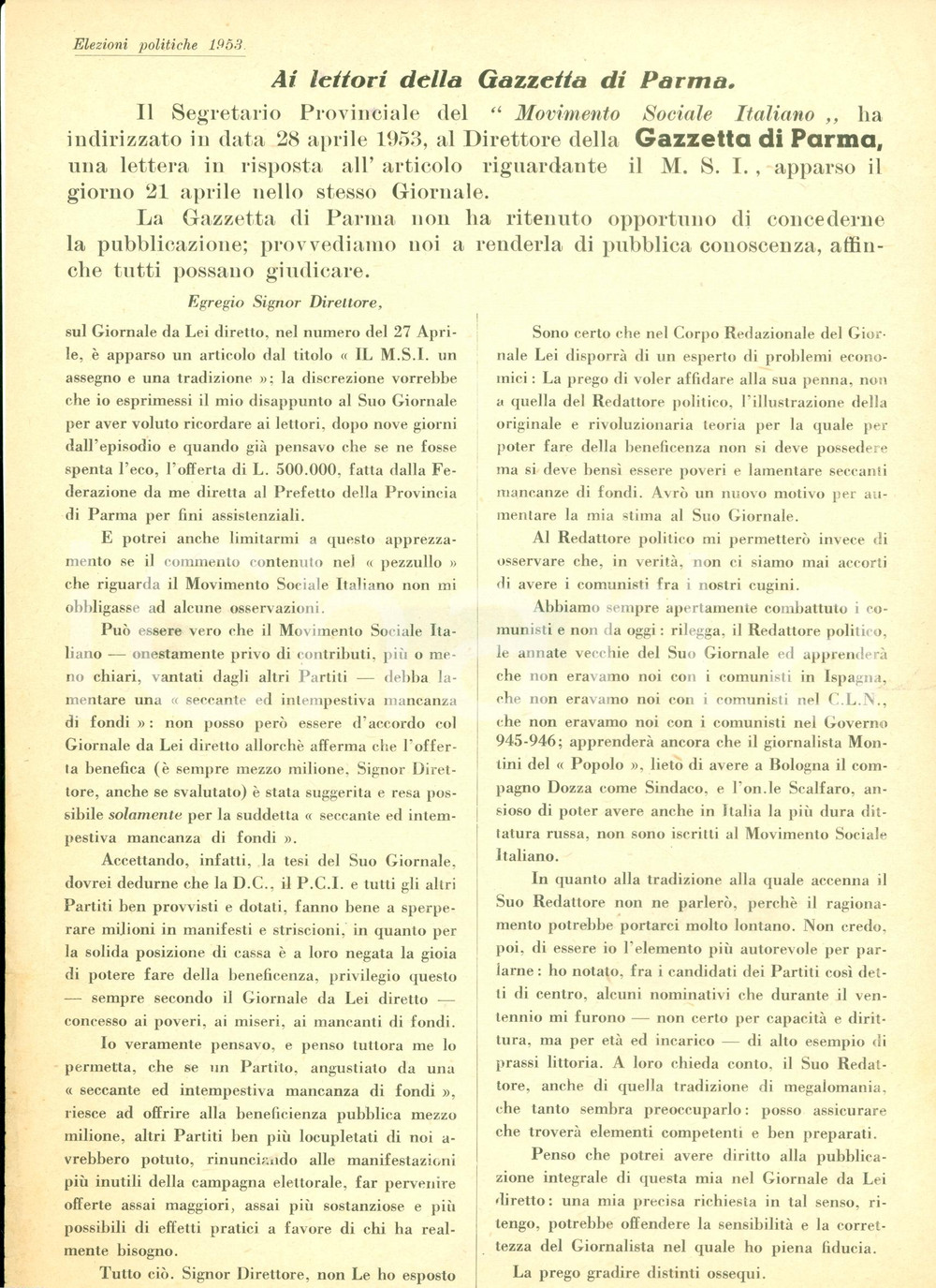 Materiale pubblicitario d’epoca 1953 PARMA PROPAGANDA POLITICA PCI Nessun comunista nel MSI Volantino 1