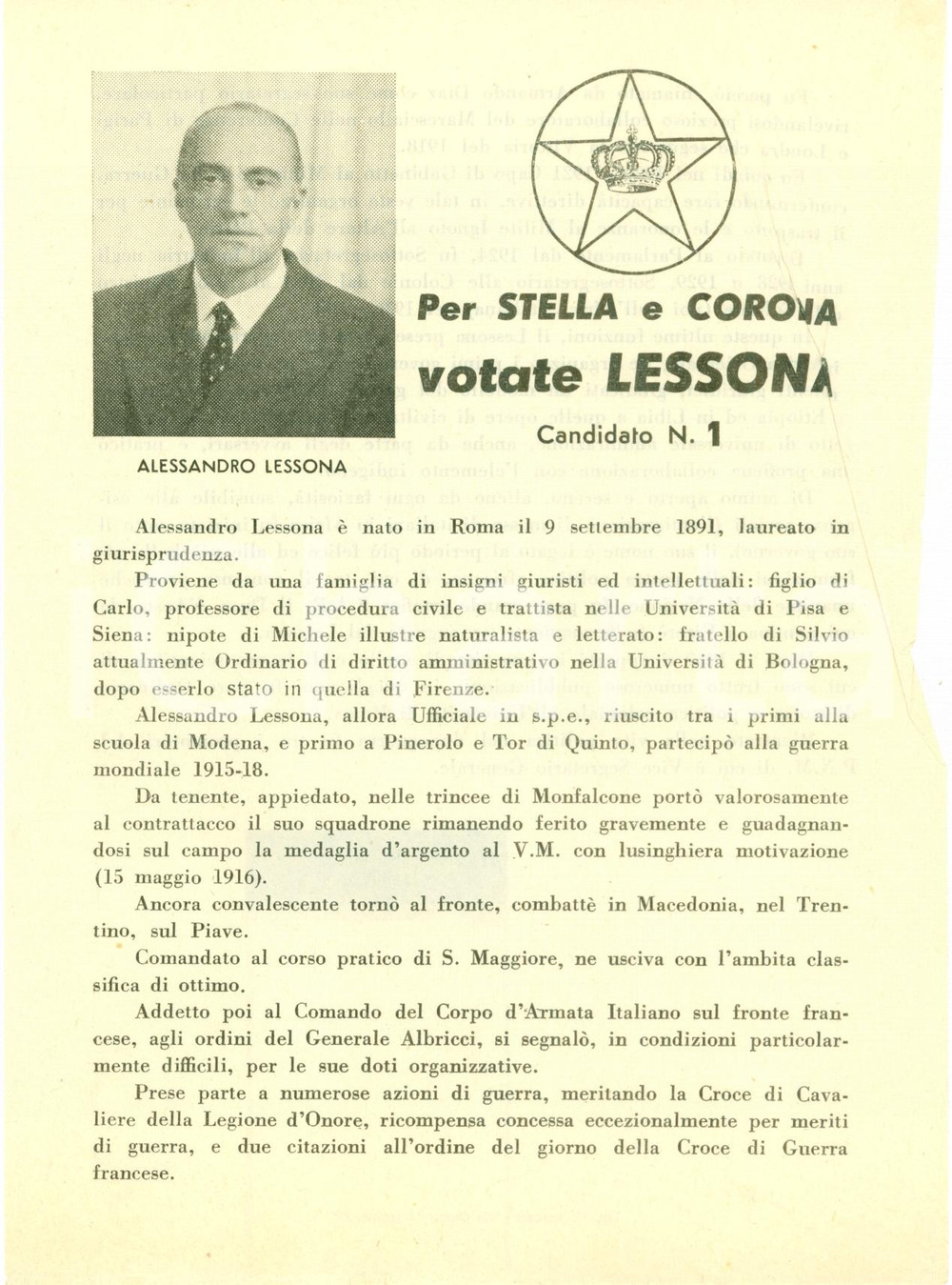 Materiale pubblicitario d’epoca 1948 ELEZIONI POLITICHE Votate Alessandro LESSONA per STELLA E CORONA Volantino 1
