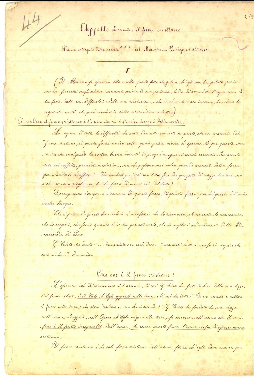 Manoscritto, lettera originale 1860 ZURIGO Appello ad accendere il fuoco cristiano   La Suora e il Maestro 1