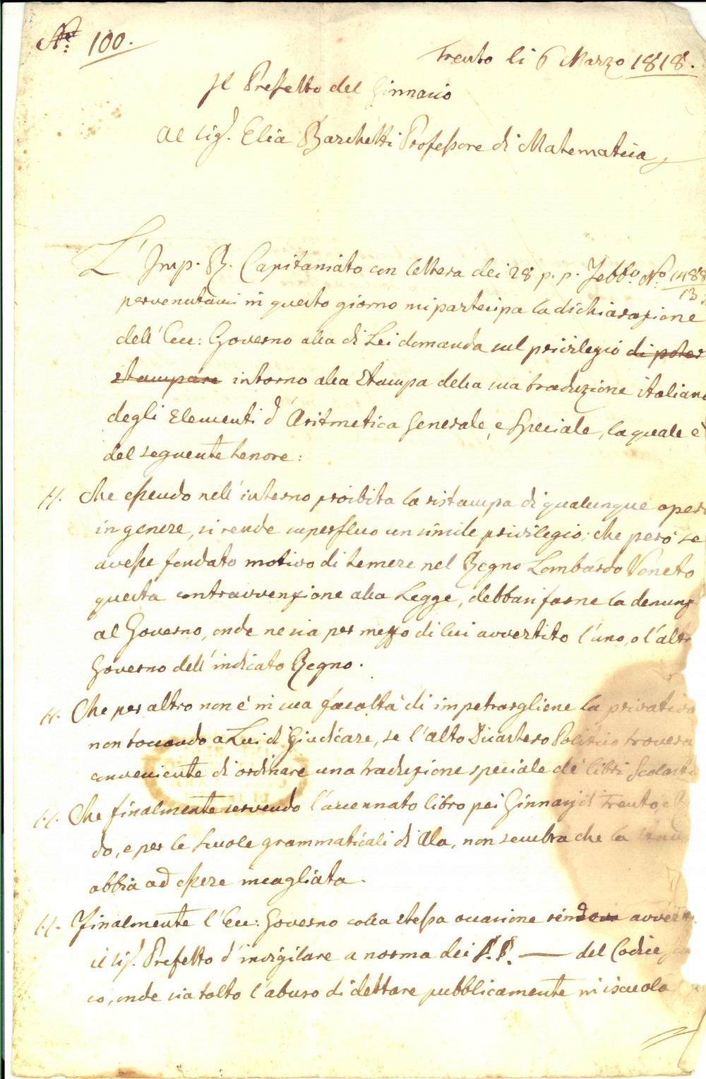 Manoscritto, lettera originale 1818 TRENTO Licenza a don Elia BARCHETTI per traduzione opera matematica 1