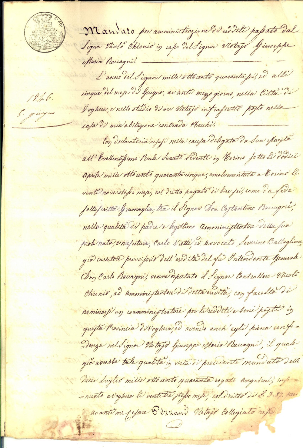 Documento originale, autentico 1846 VOGHERA PV Mandato su ereditÃ  NicolÃ² CHIONIO a Giuseppe Maria RACCAGNI 1