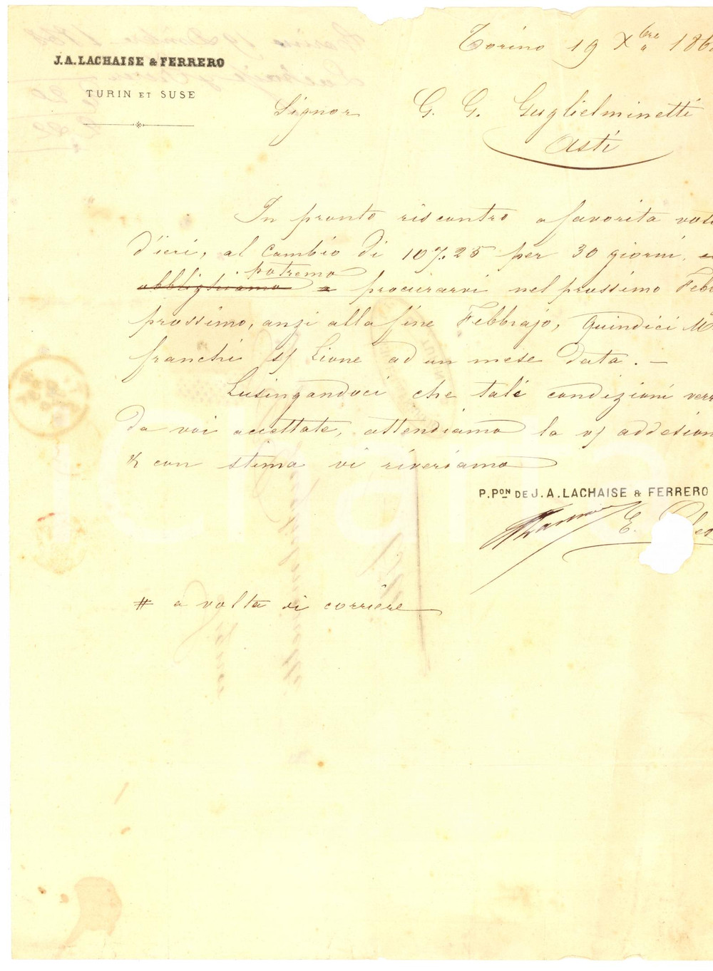Manoscritto, lettera originale 1868 TORINO Lettera commerciale J. A. LACHAISE & FERRERO a G. GUGLIELMINETTI 1