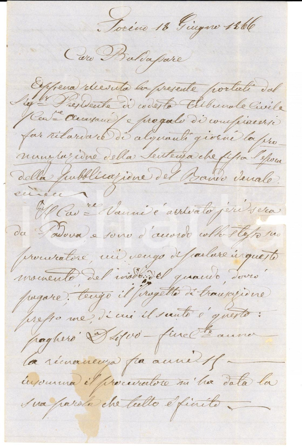 Manoscritto, lettera originale 1866 TORINO Carlo NOLI chiede sentenza su pubblicazione bando venale Lettera 1