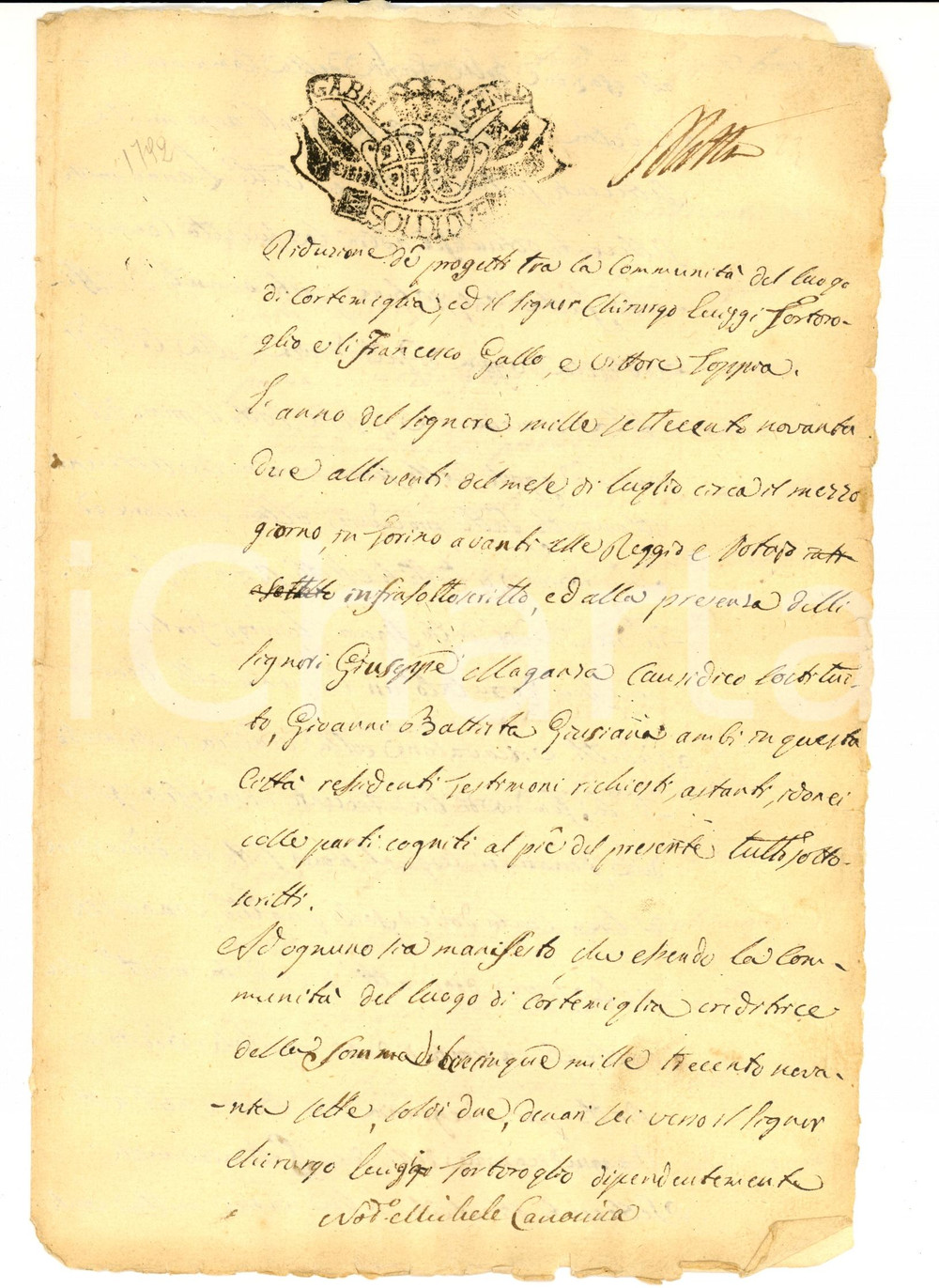 Documento originale, autentico 1792 CORTEMILIA CN Chirurgo Luigi TORTOROGLIO debitore ComunitÃ  INCOMPLETO 1