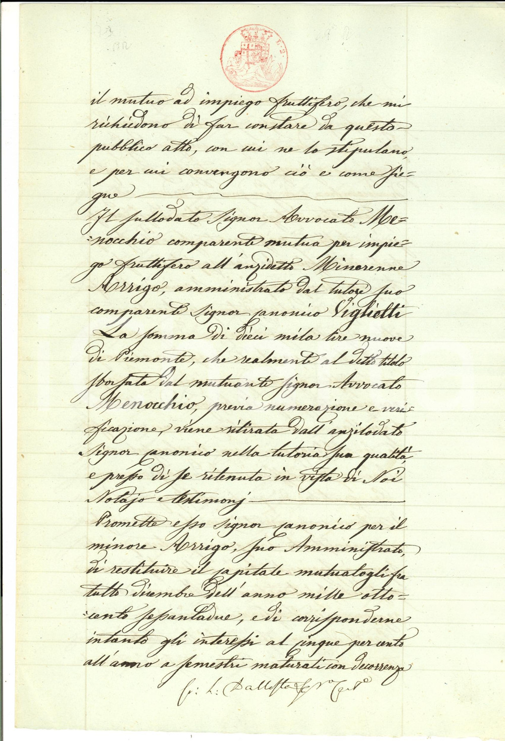 Documento originale, autentico 1857 SAVIGLIANO CN Capitale investito pro minore Filippo ARRIGO Manoscritto 1