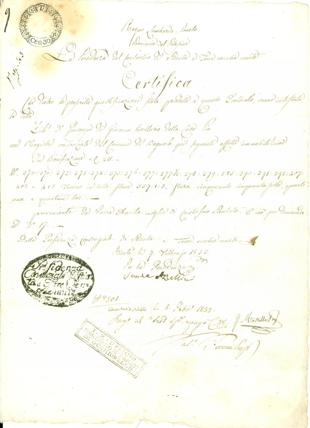 Documento originale, autentico 1833 BAGNOLO DI PO RO Terre di Giuseppe ZILI Consorzio bonifica STIENTA 1